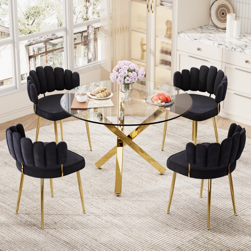 Round Glass Dining Set for 4-6, Black, 5 Pieces: Table, 4 Chairs, 29.95 H x 39.37"L x 39.37"W