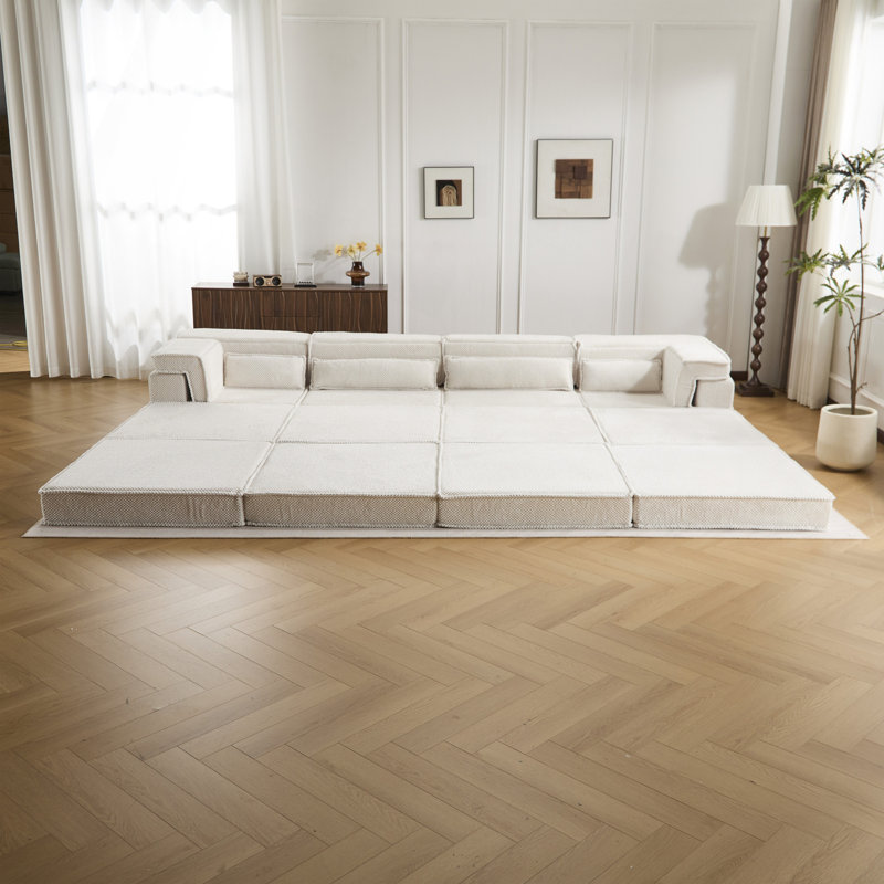 Canapé à compression Mahjong, canapé-lit convertible au sol, canapé modulaire modulaire désossé DIY, aucun assemblage requis, tissu polaire circulaire, surdimensionné à 4 places avec 2 repose-pieds, blanc