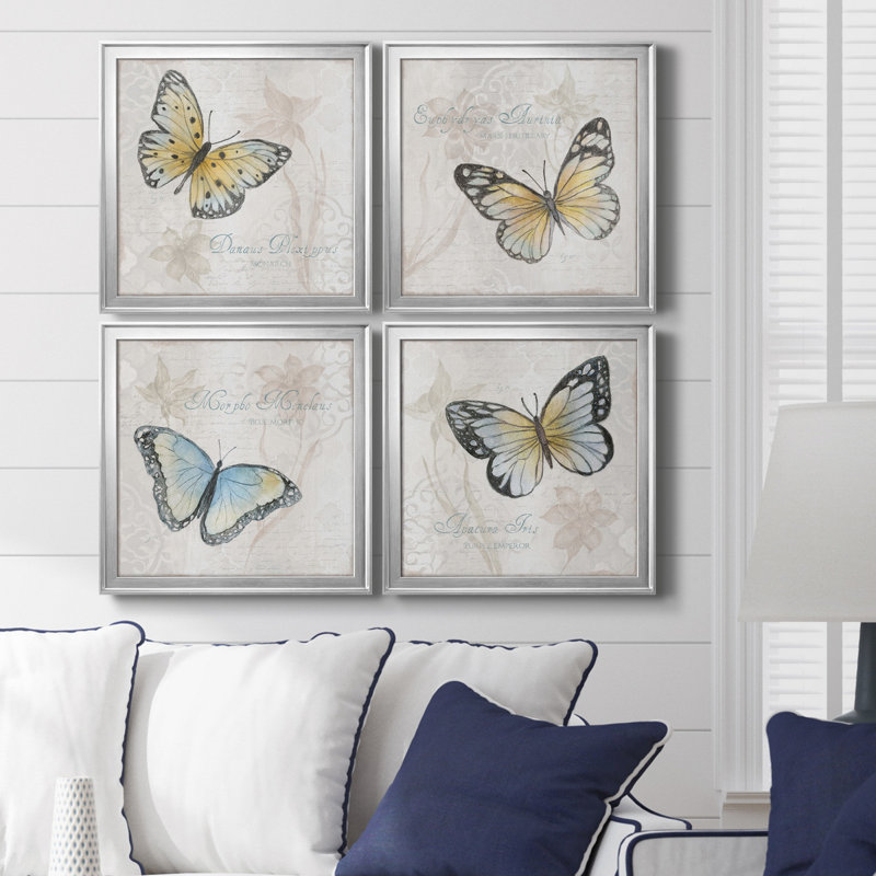 Carte postale papillon I - ensemble de 4 peintures sur toile encadrées, Argent, H 17,5 po x l 70 po x P 1,5 po