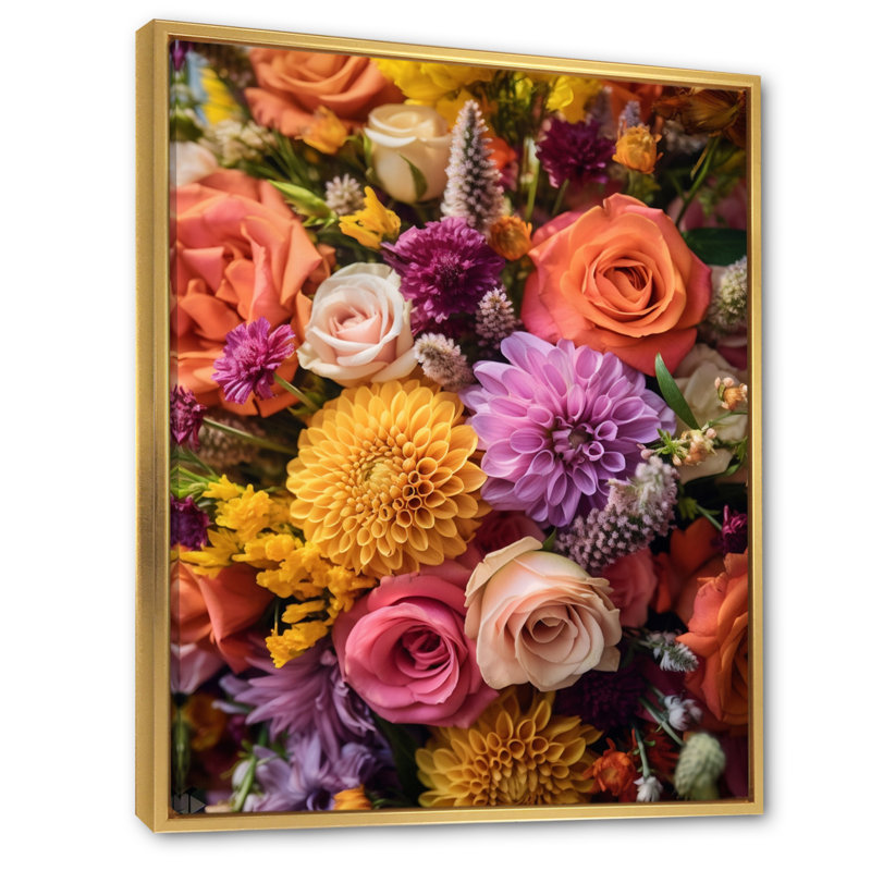 Assortiment de bouquets à la ferme V sur toile, Cadre flottant doré, H 44 po x l 34 po x P 1,5 po