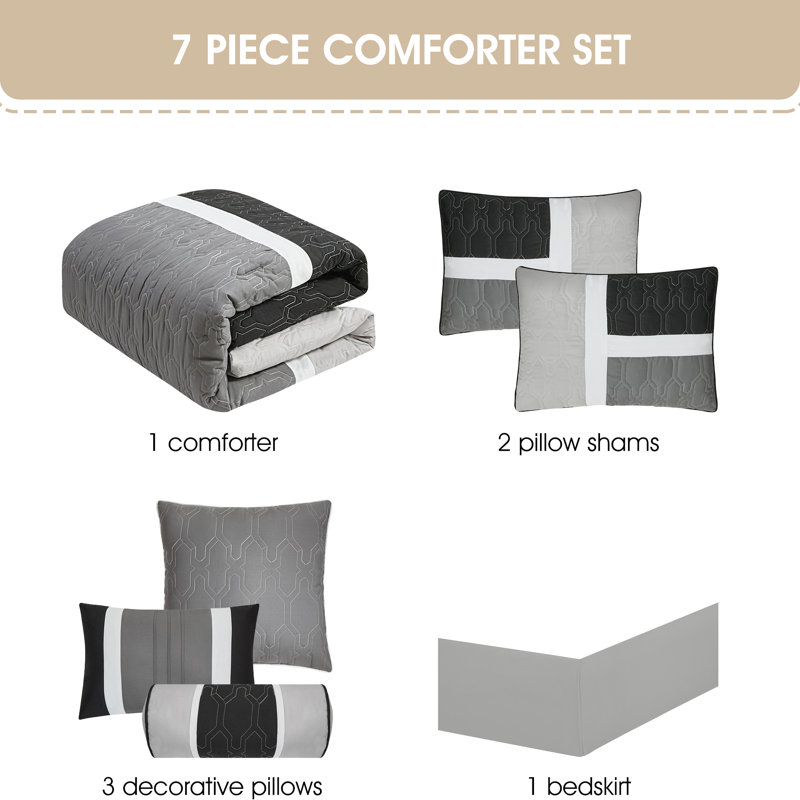Ensemble d'édredon en microfibre 7 pièces Natalia, Édredon de grande taille et 6 pièces supplément, Gris / blanc / noir
