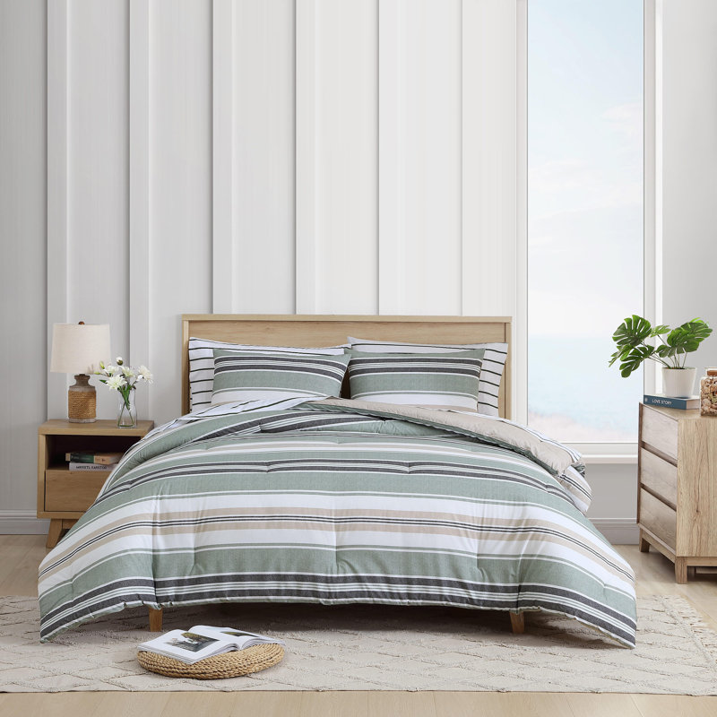 Ensemble d'édredon vert réversible en coton Nautica Prospect Harbor, Édredon pour grand lit + 2 taies décoratives sta
