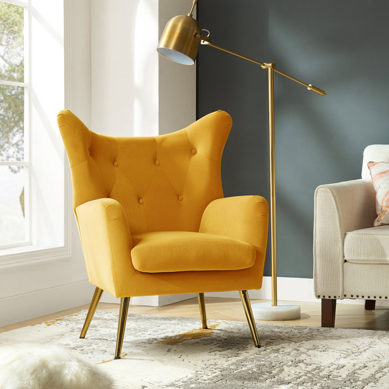 Fauteuil à oreilles 29,25 po Avianna, Velours moutarde