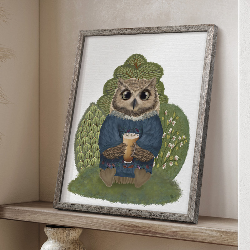 Latte Owl dans un chandail, reproduction encadrée - bois massif