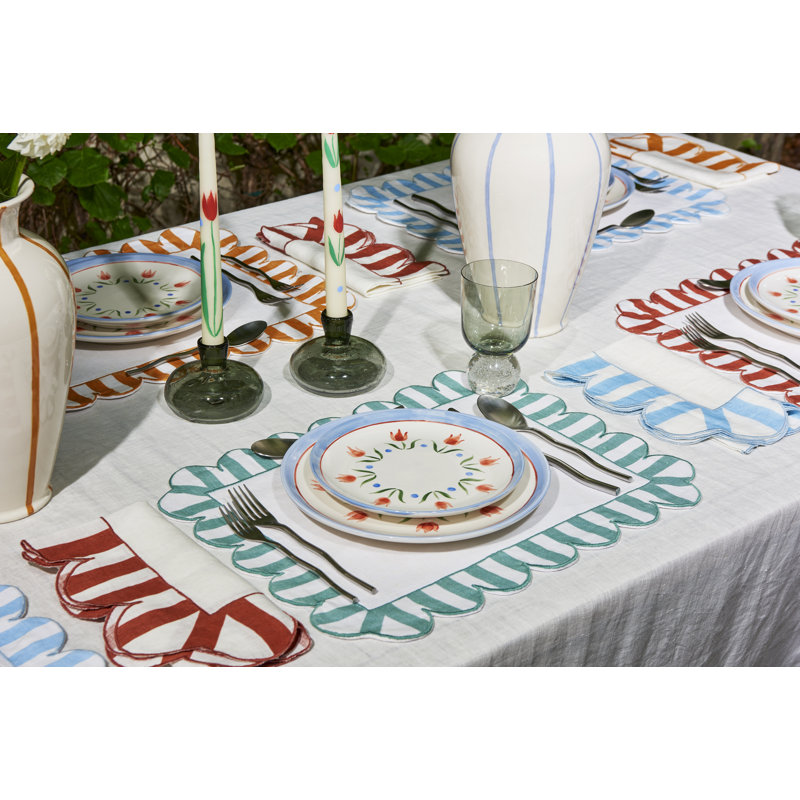 Embroidered Linen Scalloped Stripe Double-Sided Placemats, Blue