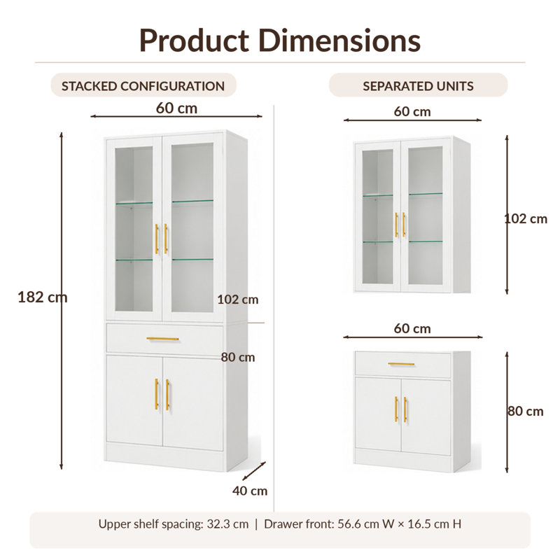 2-Piece Wall Mounted Display Cabinet and Sideboard Set with Glass Shelves, Drawer and Cupboard Storage