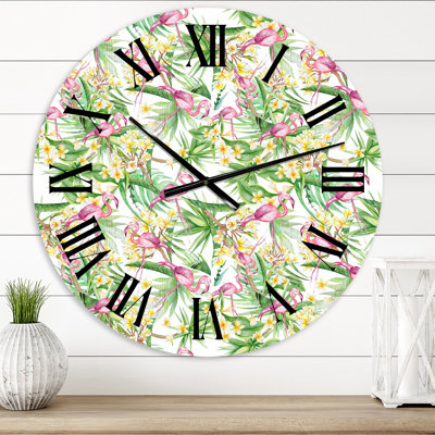 Tropical Foliage, Yellow Flowers With Flamingo II - Modern wall clock