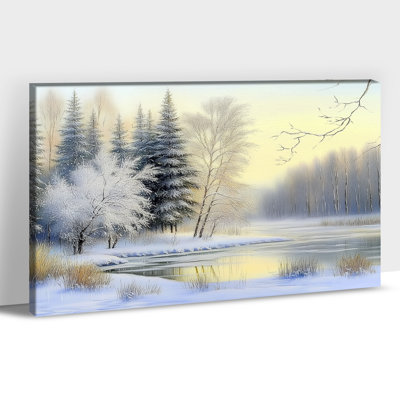 Art mural sur toile grand paysage hivernal, impressions sur toile scène de rivière forêt enneigée, décoration murale de Noël, œuvre d'art rétro pour le bureau de la chambre à coucher, 20 po x 30 po