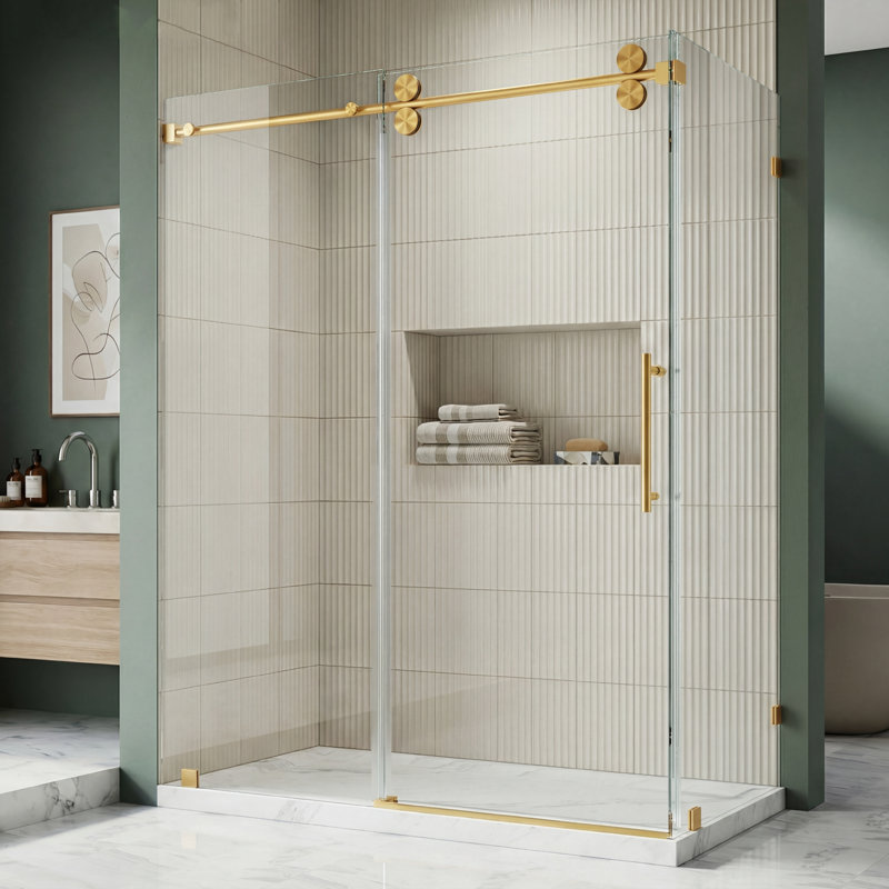 48" W X 35" D X 76" H Sliding Frameless Shower Enclosure With 3/8 Inch Tempered Glass, Brushed Gold, 35"