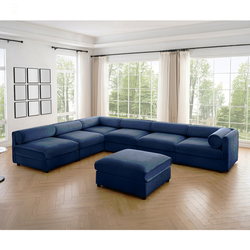 Canapé modulaire moderne 6 pièces avec rangement en tissu chenille bleu doux design cylindrique contemporain pour le salon