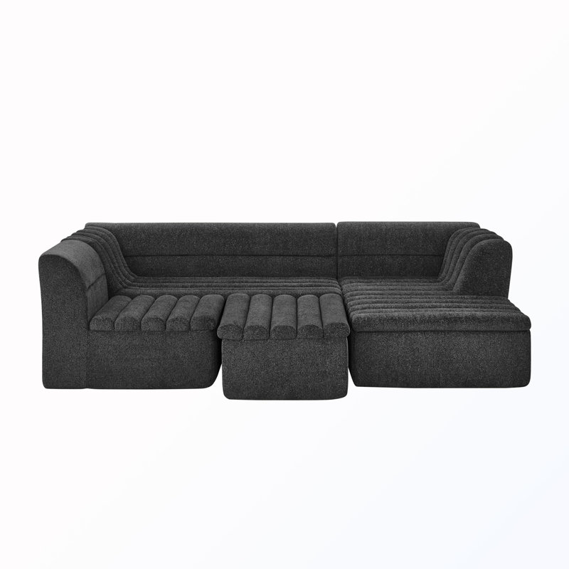 U-Shaped Modular Sectional Sofa With Wave-Shaped Armrest, Black Chenille