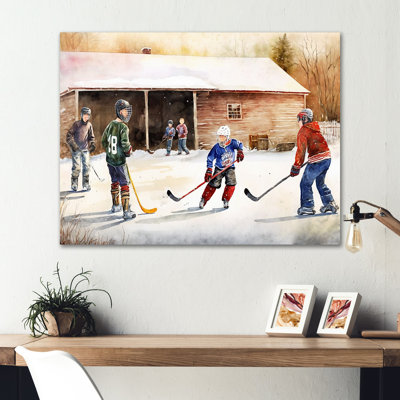 Enfants jouant au hockey sur patinoire III - décoration murale moderne en métal