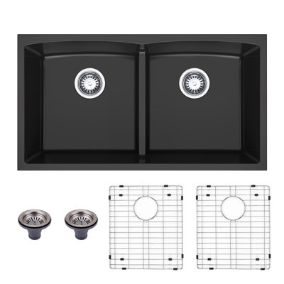 Évier de cuisine à double cuve en quartz HIGOLD de 33 po avec lavabo encastré noir Farmhouse