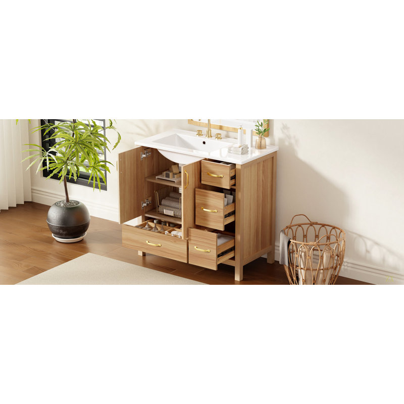 Meuble-lavabo de 36 po en bois avec cadre en bois massif, 2 portes à fermeture douce, 4 tiroirs à fermeture douce, tablette réglable, armoire de rangement moderne