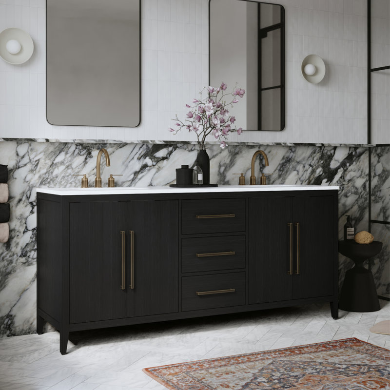 Alsup 72'' Double Bathroom Vanity with Quartz Top, Dark Weathered Oak