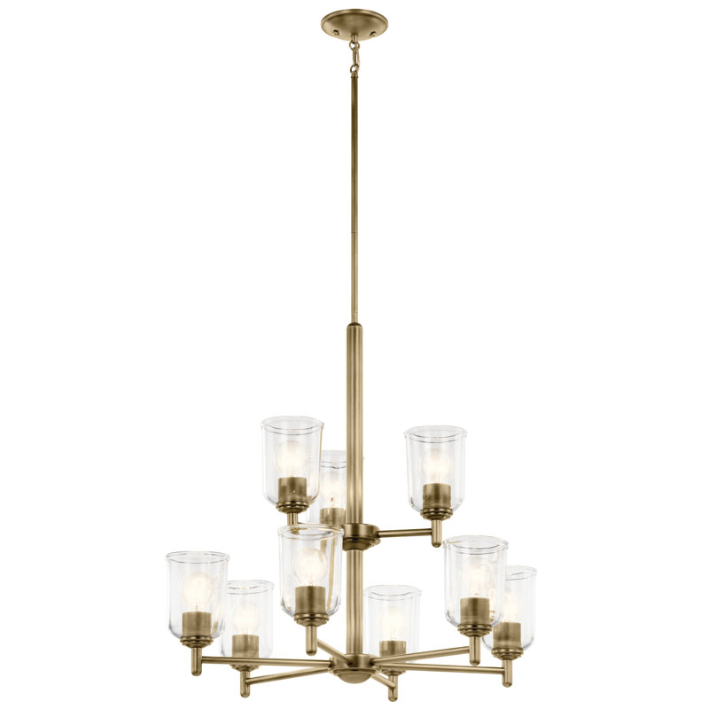Lustre 9 lumières 26,5 "à 2 niveaux avec verre transparent, Laiton