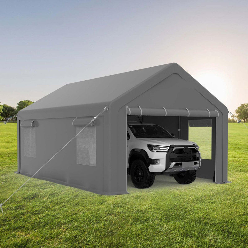 Abri de voiture/garage portable robuste de 3 x 6 m (10 x 20 pi) avec structure en acier galvanisé, auvent imperméable en polyéthylène, 2 portes et 4 fenêtres.