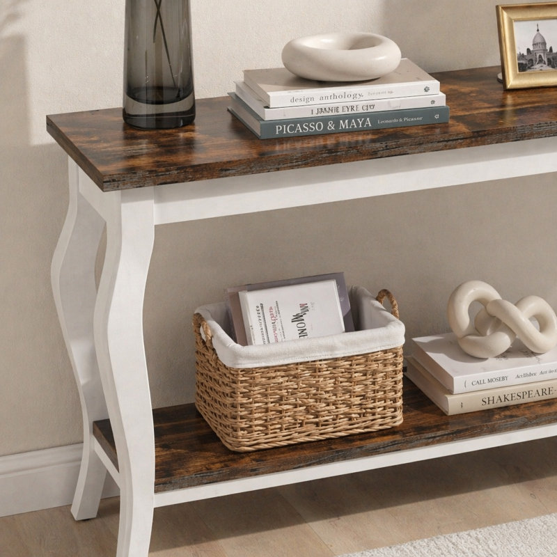 Console rétro française de 70,9 po - très longue table de canapé derrière le canapé avec 2 tablettes, rangement blanc et brun pour les grands canapés modulaires, le couloir et le salon
