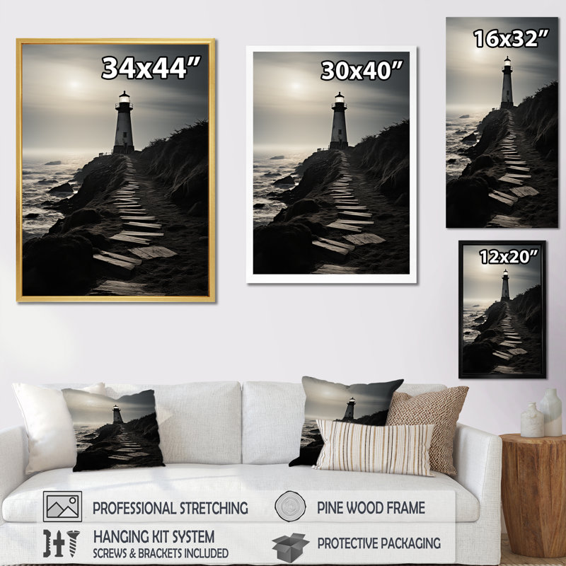 Phares de l'imitation du paysage II - reproduction sur toile, Cadre flottant blanc, H 40 po x l 30 po x P 1,5 po