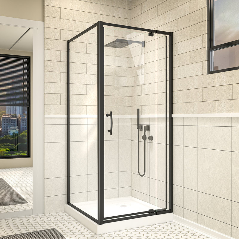 Porte de douche à charnière encadrée avec verre trempé transparent de 6 mm, installation réversible, poignée en acier inoxydable