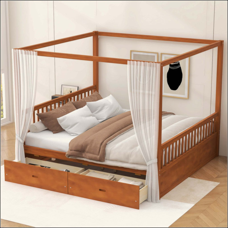 Lit à baldaquin en bois avec tiroirs de rangement, Walnut, King