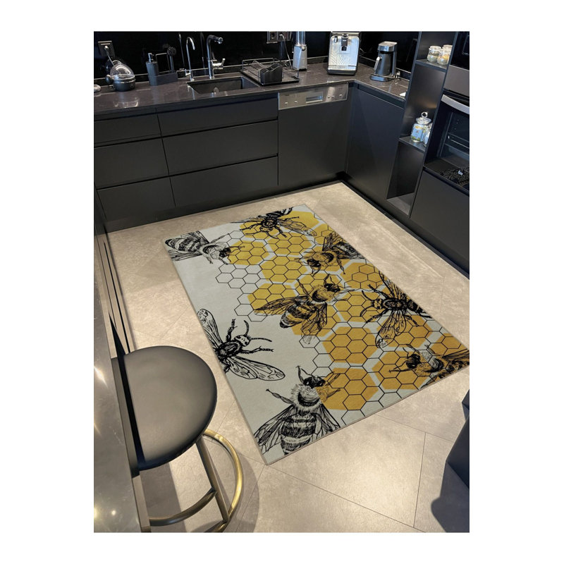 Tapis décoratif moderne jaune à motif de ruche et d'abeille, Tapis de couloir 2 pi 6 po x 9 pi 10 po inclus