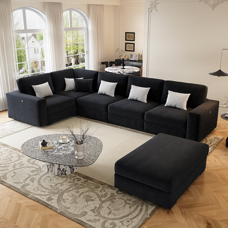 Fouraker Upholstered L-Shaped Sectional with Ottoman Reversible, Dark Gray Linen Blend