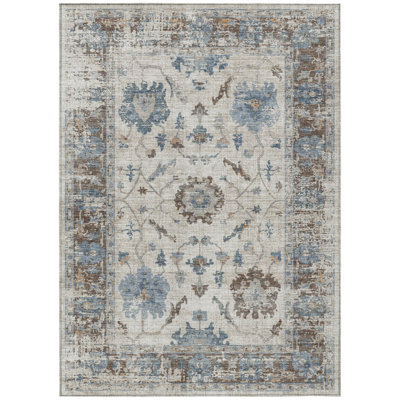 5' X 8' Beige And Blue Floral Washable Indoor Outdoor Area Rug