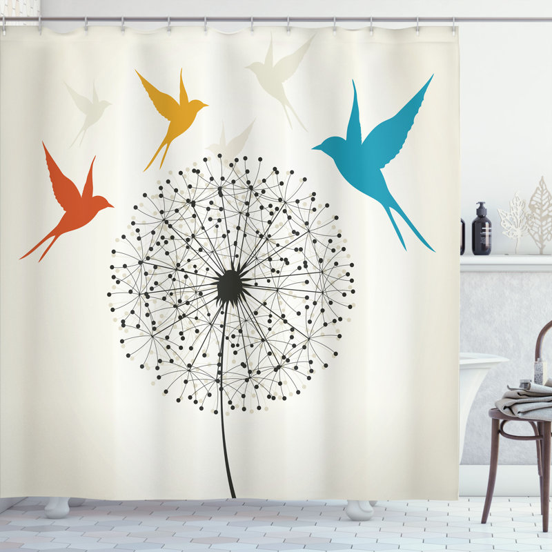 George Oliver Birds Shower Curtain Dandelion and Swallows Eggshell Multicolor, 84"H x 69"W
