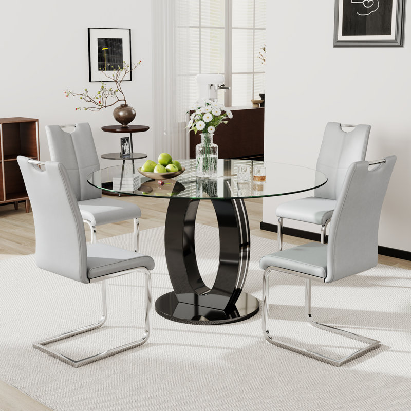 Ensemble de table de salle à manger ultrabrillante avec chaises luxueuses en similicuir, 5, Gris/argent, Noir