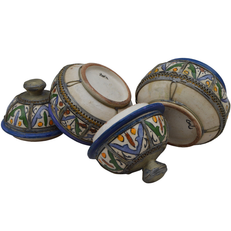Ensemble de 2 pots à motif andalou vert / bleu / orange / blanc du milieu du 20e siècle
