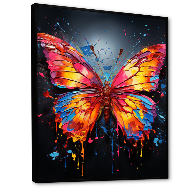 Alisya corail jaune néon papillon électrique - imprimé, Cadre flottant noir, H 44 po x l 34 po x P 1,5 po