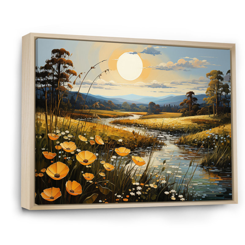 «Bernese Yellow Buttercups Golden Glow Patchwork» sur toile, Cadre naturel flottant, 16" H x 32" W