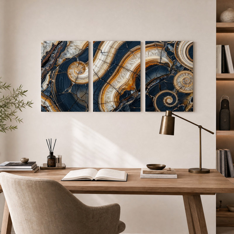 Ensemble de 3 toiles murales représentant des tranches d'agate brunes et bleu marine tourbillonnantes, 24"H x 16"W x 3pcs