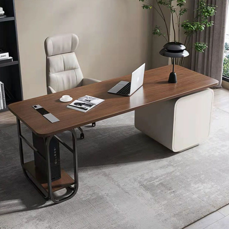 Bureau à 3 tiroirs en bois manufacturé rectangulaire brun noyer + noir + cristal crème + acier inoxydable, Retour à gauche