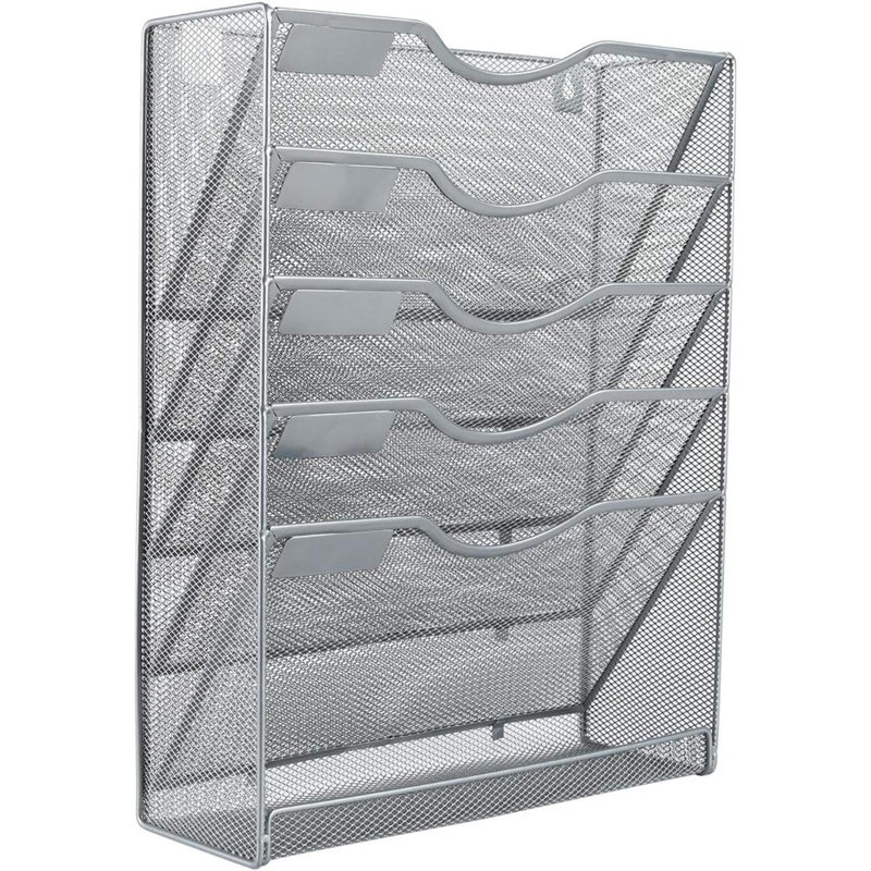 Wall File Organizer Mesh 5 Tier Wall File Holder Desktop Vertical Hanging File Folder Organizer With Bottom Flat Tray Sides Closed,Silver