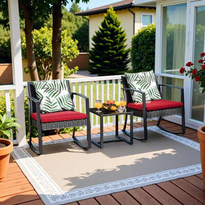 2-person Outdoor Resin Rocking Chair Set With Tempered Glass Table & Cushions, Dining Set For Outdoor Living