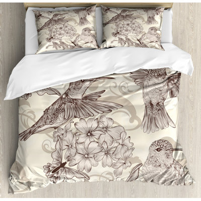 Hummingbirds Gray/Cream Microfiber Coastal Duvet Cover Set