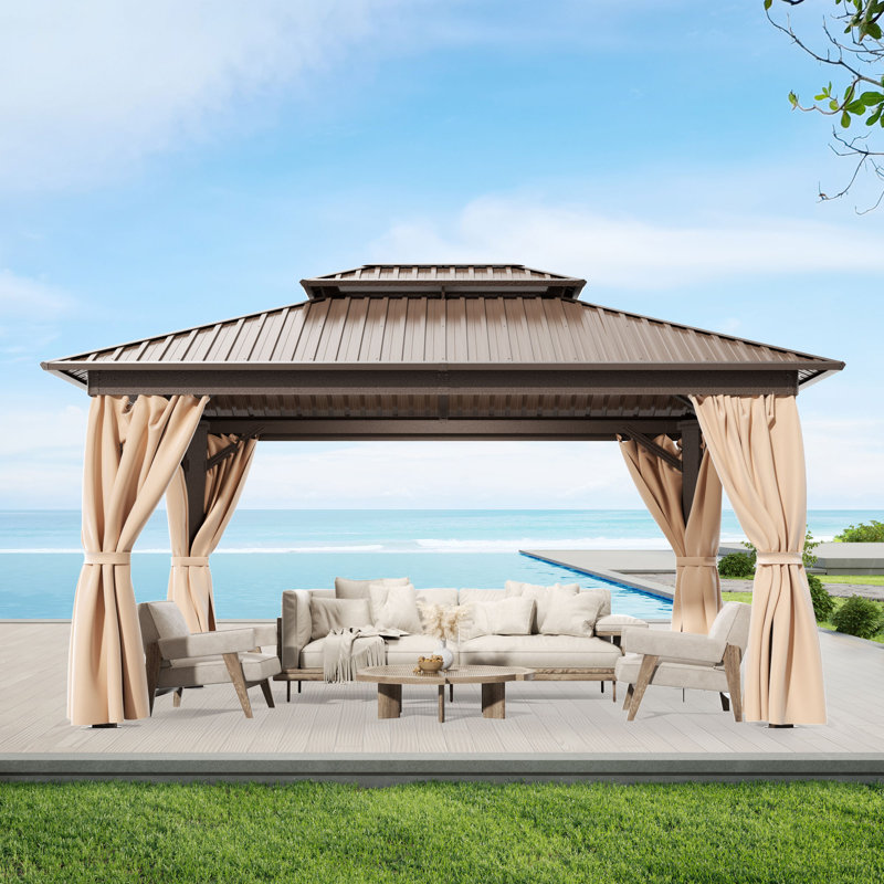 10 ft. x 14 ft. Hardtop Gazebo with Aluminum Frame,Double Roof Gazebo with Nettings and Curtains