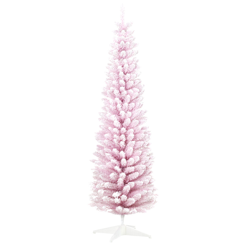 Arbre de Noël artificiel enneigé 7 pi avec forme de crayon, branches réalistes, rose, H 7 pi, Rose