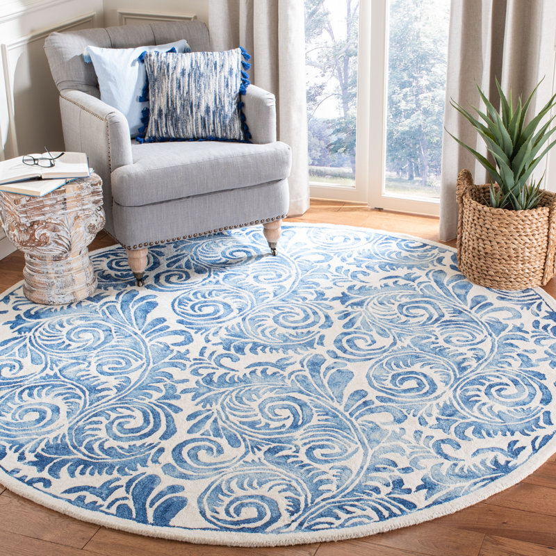 Oakton Hand Tufted Wool/Cotton/Latex Paisley Rug in Ivory/Blue, Round 7'