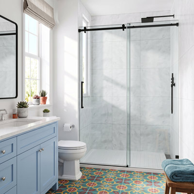 Porte de douche coulissante sans cadre l 50 po à 55 po x H 76 po avec film incassable en verre trempé de 3/8 po (10 mm) et roulettes silencieuses