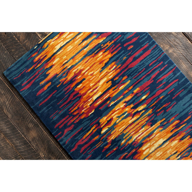 Cloral Authentic Hand-Tufted Handmade Navy, Orange & Gold Modern Abstract Horizon Wool Area Rug, Rectangle 5' x 7'6"