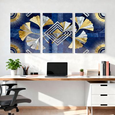 Abstract Ginkgo Leaves and Geometric Patterns in Navy Blue, Gold, and Silver Canvas Wrapped Wall Art, Oil Painting Print (Set of 3)