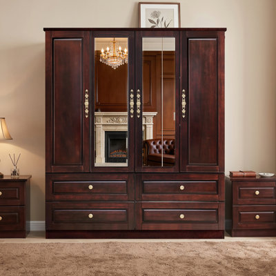 Solid Wood 4-Door Armoire Wardrobe with 2 Mirrored, Large Storage Closet with 4 Drawers, Freestanding Bedroom Organizer with Hanging Rod, Deep Brown F