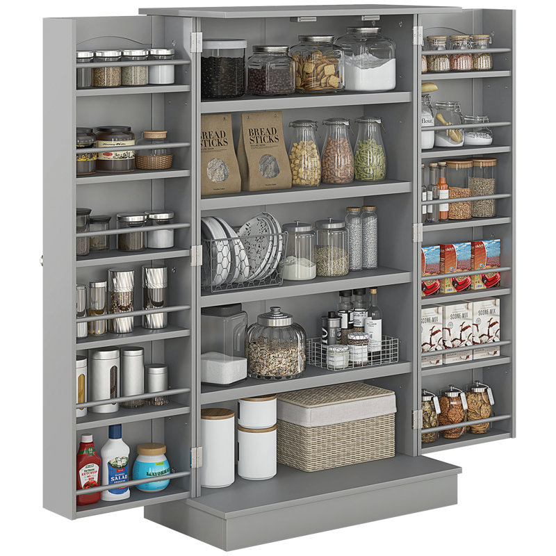 Armoire de cuisine autoportante moderne avec 12 tablettes de porte, Gris