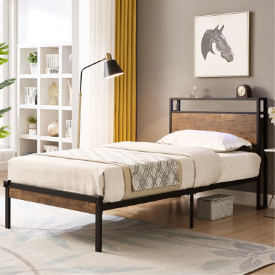Metal Platform Bed Frame With Wooden Headboard And Foot - Mounted, Ample Under Storage, No Box Spring Needed, Simple Assembly Procedure, , Stable, Qui