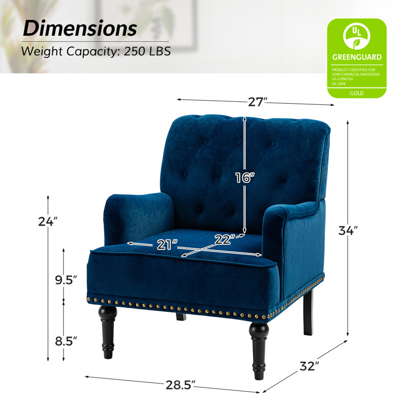 Fauteuil en velours de polyester avec garniture cloutée 28,5 po Jakub, Polyester marine