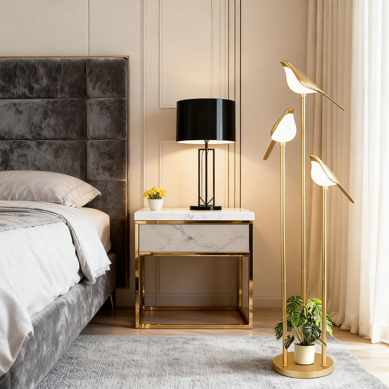 Modern Floor Lamp With Shelves - Gold Mid Century Standing Lamp With 3 Adjustable LED Bird Lights, Corner Tall Lamp With Side Table For Living Room, Bedroom