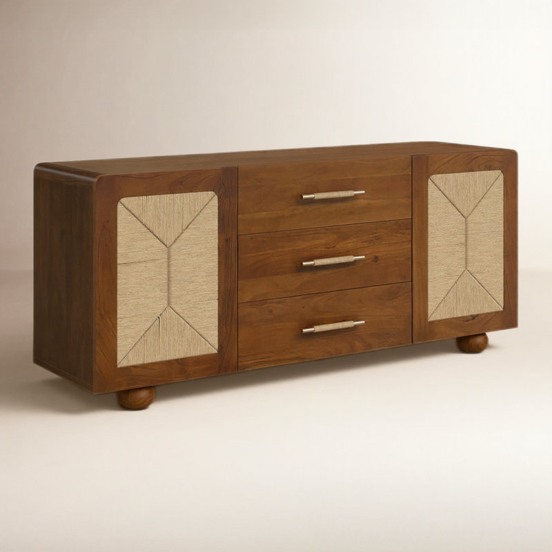Armoire en bois avec placage de chêne d'acacia et accents en bois naturel avec portes incrustées tissées à trois tiroirs